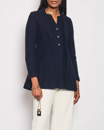 Chanel Spring 2014 Navy Tweed Long-Sleeve Double Collared Jacket with CC Buttons Size FR 34 (UK 6)