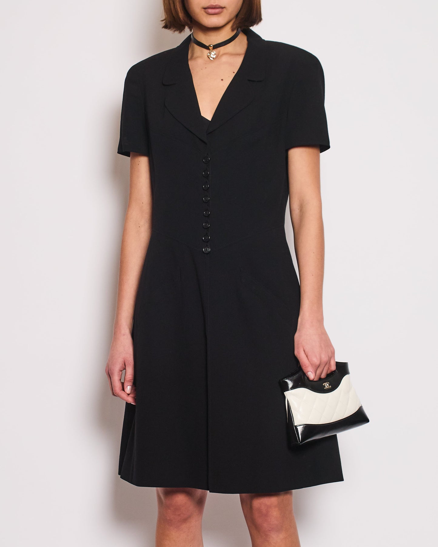 Chanel Vintage Runway 97S Black, White CC Logo Slip Dress and Jacket Set with CC Chanel Button Size FR 42 (UK 14)