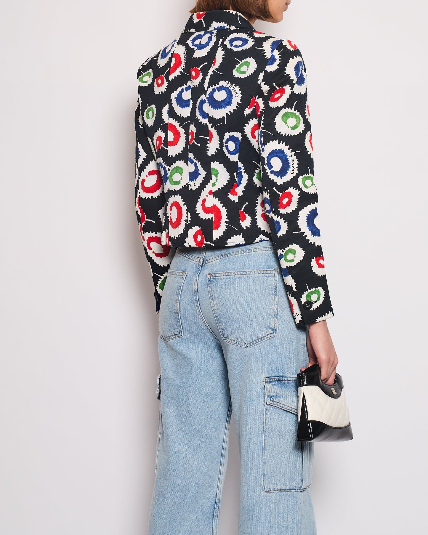 Chanel 97S Black Cropped Cotton Twill Jacket With Multi-Colour Abstract Print Detail FR 42 (UK 14)