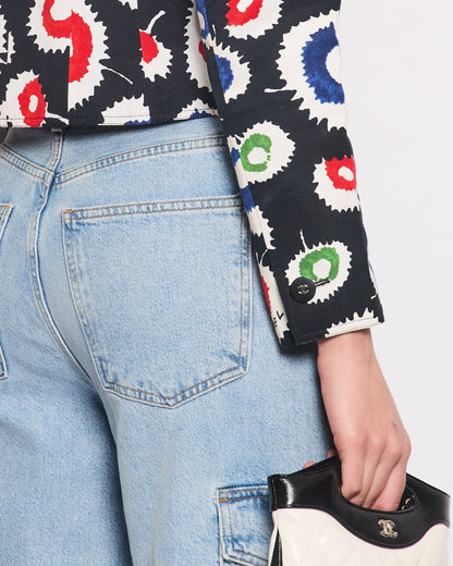 Chanel 97S Black Cropped Cotton Twill Jacket With Multi-Colour Abstract Print Detail FR 42 (UK 14)