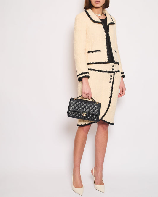 Chanel Metallic Cream Tweed Blazer Jacket and Midi Skirt Set With Black Tweed Trim and Black CC Logo Detail Buttons Size FR 38 (UK 10)