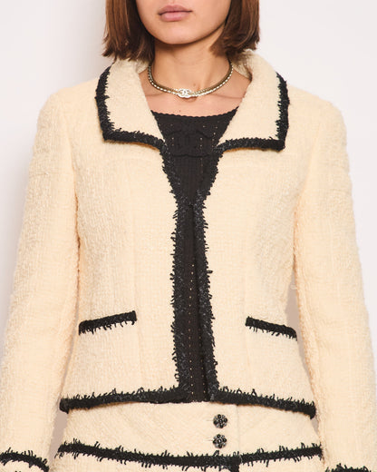 Chanel Metallic Cream Tweed Blazer Jacket and Midi Skirt Set With Black Tweed Trim and Black CC Logo Detail Buttons Size FR 38 (UK 10)