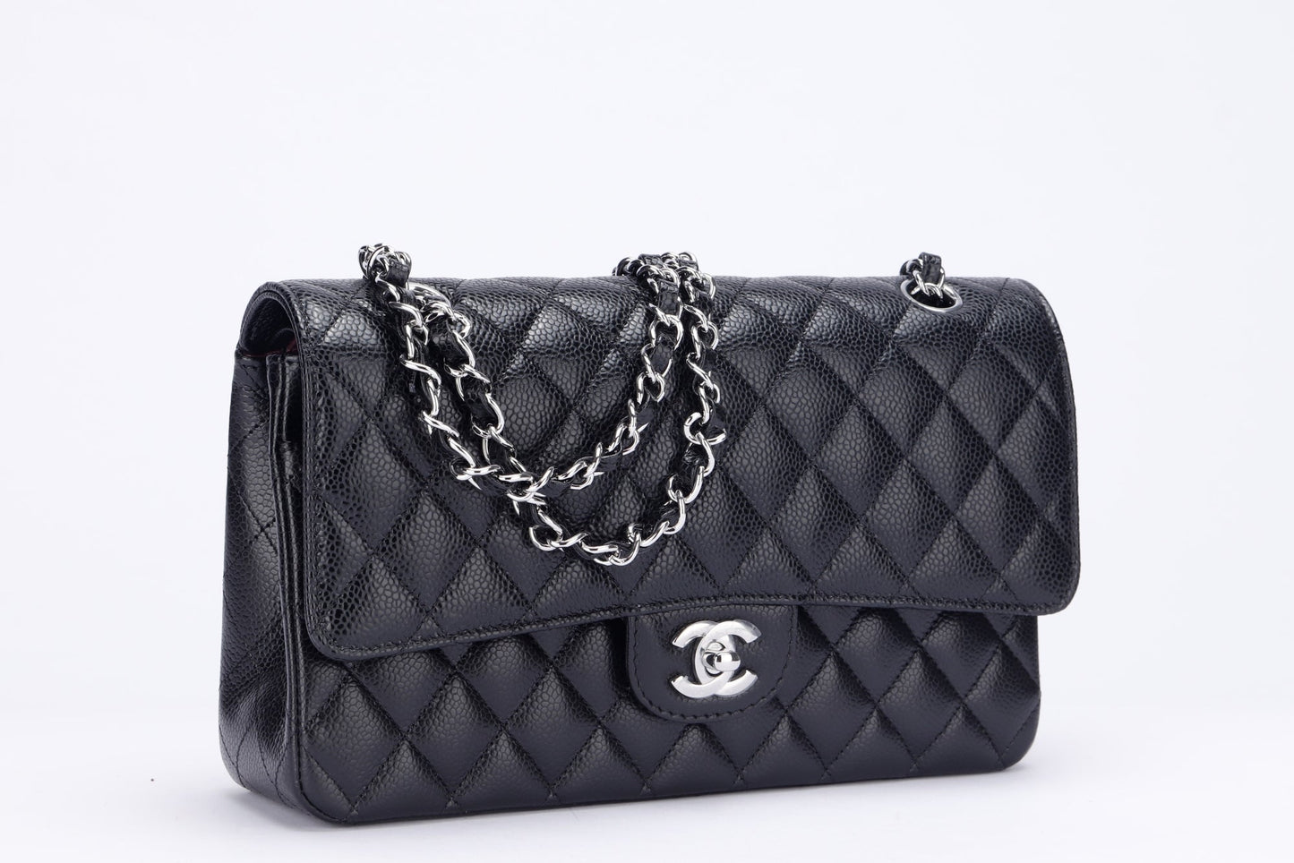 Chanel Classic Flap (XHX2xxxx) Medium Size Black Caviar, Silver Hardware, with Dust Cover & Box