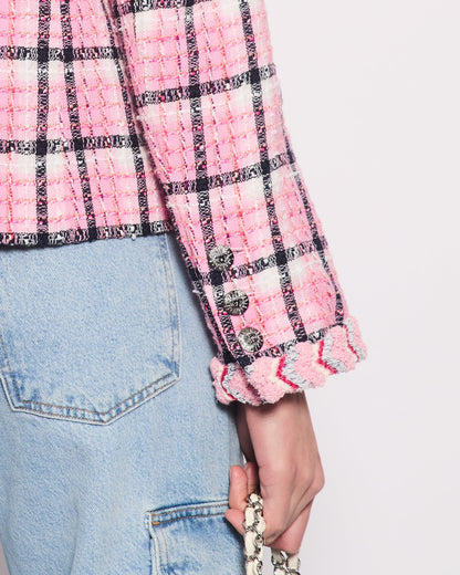Chanel 24/S Pink Checkered Tweed Jacket with CC Diamante Buttons Size FR 40 UK 12)