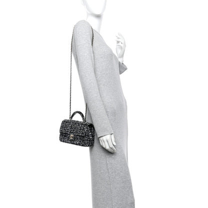 Tweed Quilted Mini Top Handle Rectangular Flap Black White