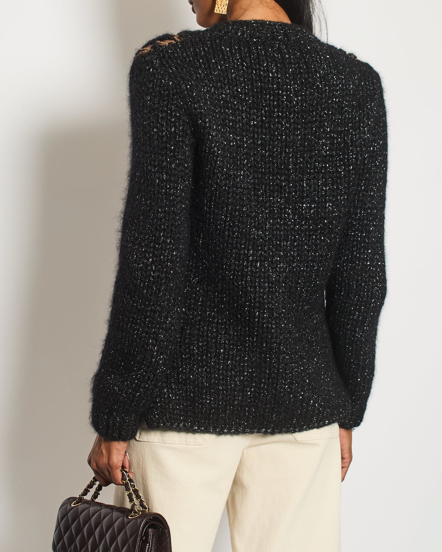 Chanel Black and Brown Quilted Mohair Cardigan with Silver Threads and Black Chain Button Details Size FR 34 (UK 6)