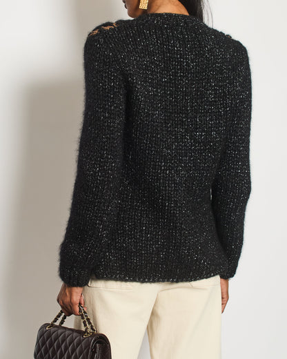 Chanel Black and Brown Quilted Mohair Cardigan with Silver Threads and Black Chain Button Details Size FR 34 (UK 6)