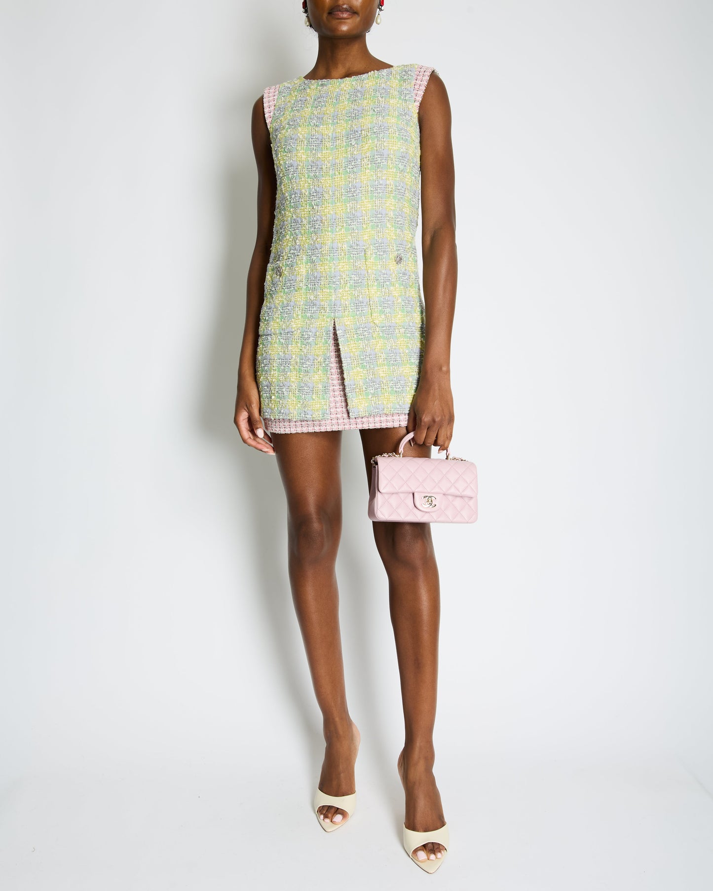 Chanel Yellow, Green Pink Boucle Tweed Shift Dress FR 36 (UK 8)