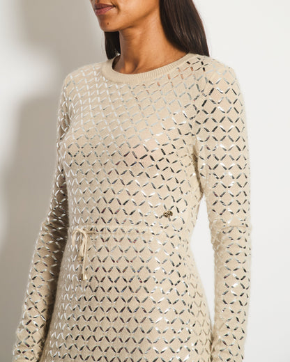 Chanel Cream Angora & Silk Long Sleeve Maxi Dress with Silver Metallic Detail & Drawstring Waist Size FR 34 (UK 6)