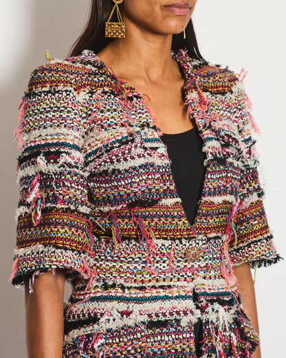 Chanel Paris/Dubai 2015 Pink Fantasy Set Frayed Tweed Short Sleeve Jacket Size FR 34 (UK 6)