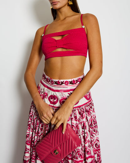 Chanel 21K Raspberry Pink Silk CC Logo Printed Bralette Top with Crystal Details Size FR 38 (UK 10)