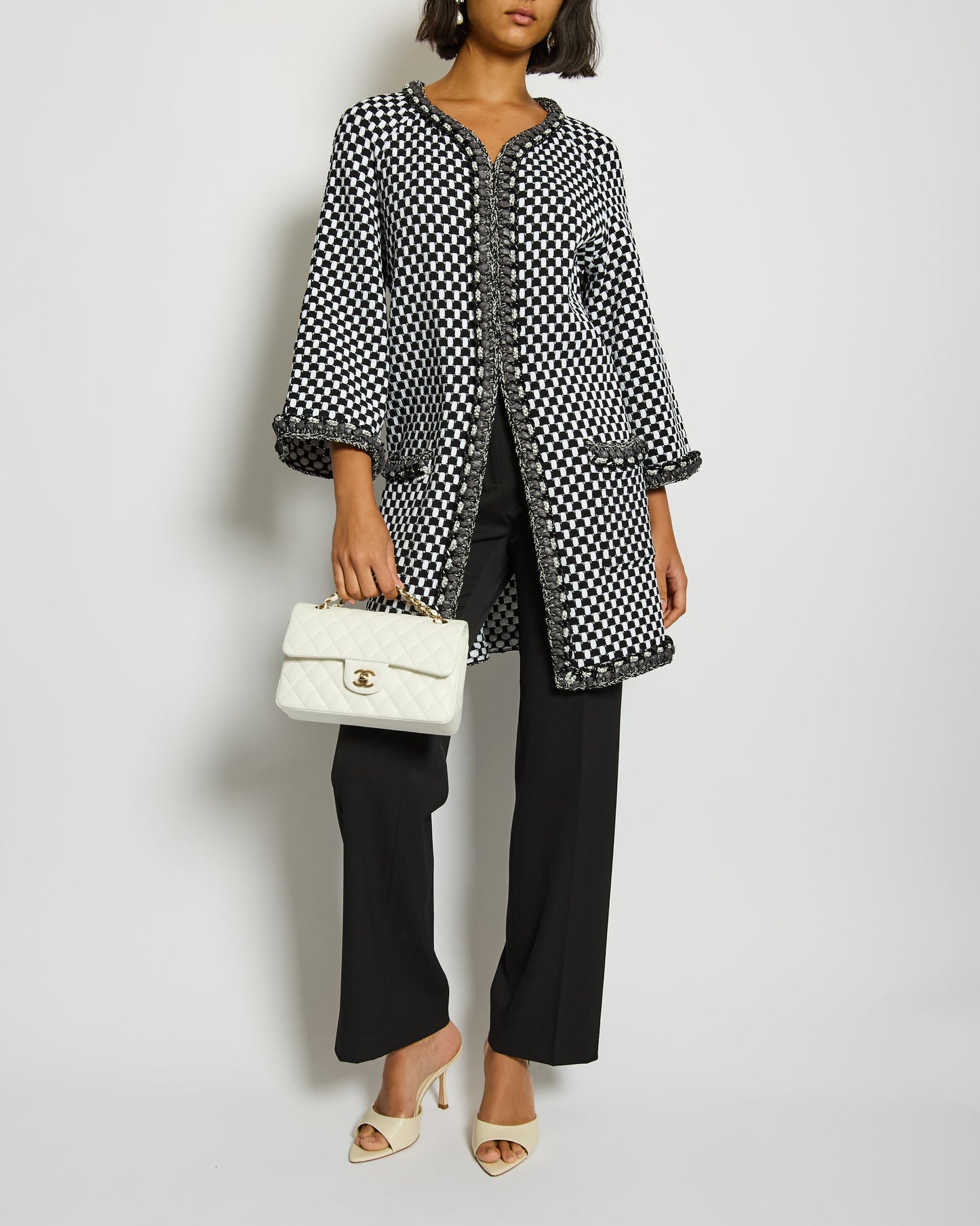Chanel White and Black Checkered Coat with Trim Detailing Size FR 34 (UK 6) RRP £4,100