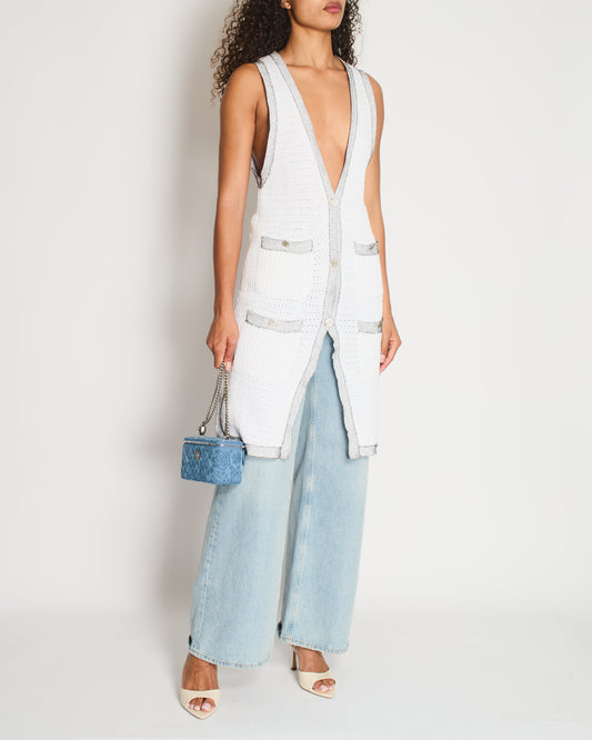 Chanel White Long Line Button Down Vest with Pocket Detail FR 38 (UK 10)
