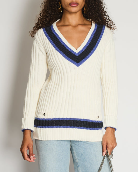 Chanel Resort 2014 White, Black and Navy V Neck Knit Jumper with CC Button Details Size FR 40 (UK 12)
