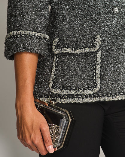 *HOT* Chanel 14/P La Petite Veste Noire Tweed Charcoal Grey Jacket with Silver Detail  Size FR 42 (UK 14)
