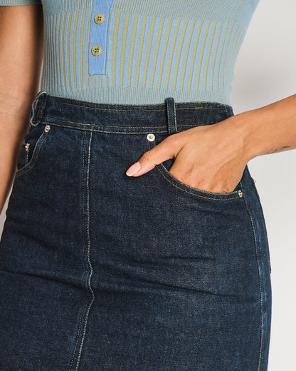 Chanel 96/P Navy Denim Mini Skirt with Patch Pocket Details Size FR 40 (UK 12)