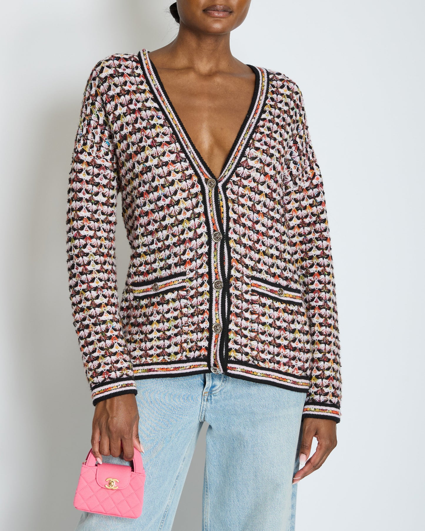 Chanel Multi-Colour Long Sleeve Cashmere Blend Knit Cardigan with Silver CC Logo Buttons Size FR 36 (UK 8)