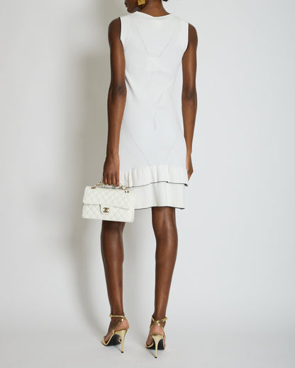Chanel 08P Cream Sleeveless Knitted Short Dress with Silver CC Logo Button and Navy Hem Details Size FR 36 (UK 8)