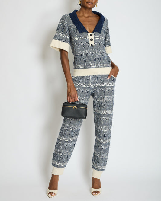 Chanel Cruise 2013 Navy Blue and White Cashmere Top and Trousers Set with CC Logo Buttons Size FR 36/38 (UK 8/10)