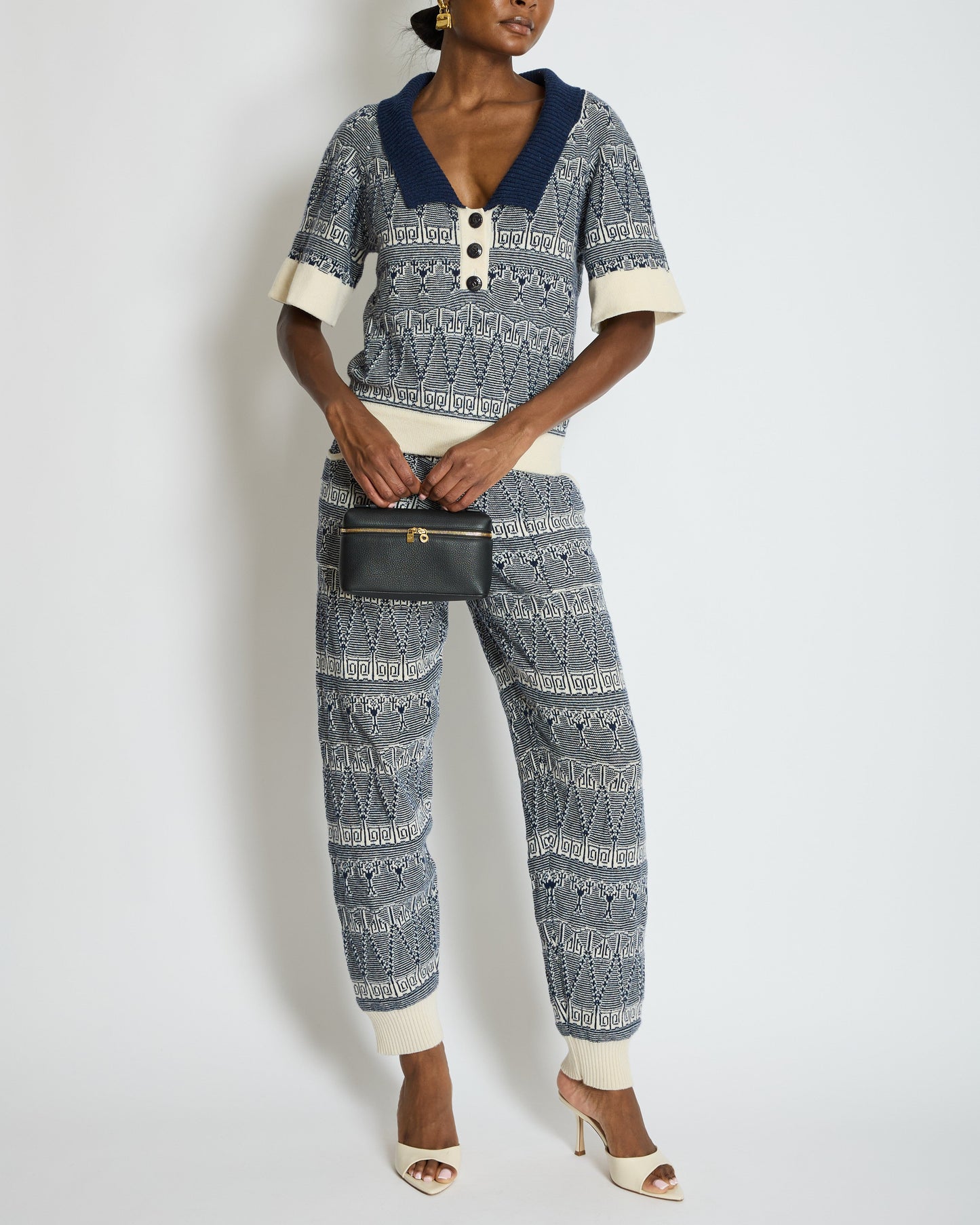 Chanel Cruise 2013 Navy Blue and White Cashmere Top and Trousers Set with CC Logo Buttons Size FR 36/38 (UK 8/10)