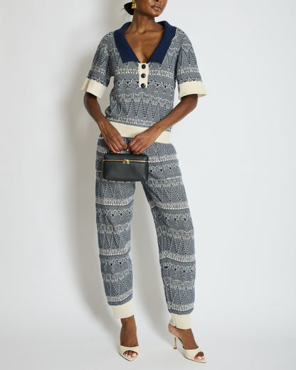 Chanel Cruise 2013 Navy Blue and White Cashmere Top and Trousers Set with CC Logo Buttons Size FR 36/38 (UK 8/10)