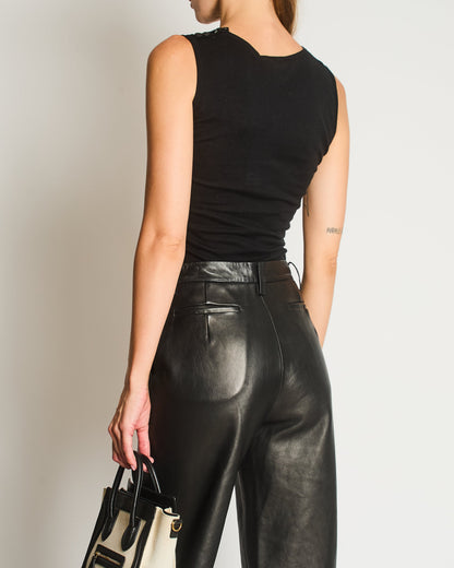 Chanel 95P Vintage Black Sleeveless Cotton Top with Stitched Logo and Gold Logo Buttons on the Shoulder Size FR 36 (UK 8)