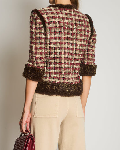 Chanel Red, Beige and Grey Tweed Jacket with Rabbit Fur Trim Detail Size FR 36 (UK 8)