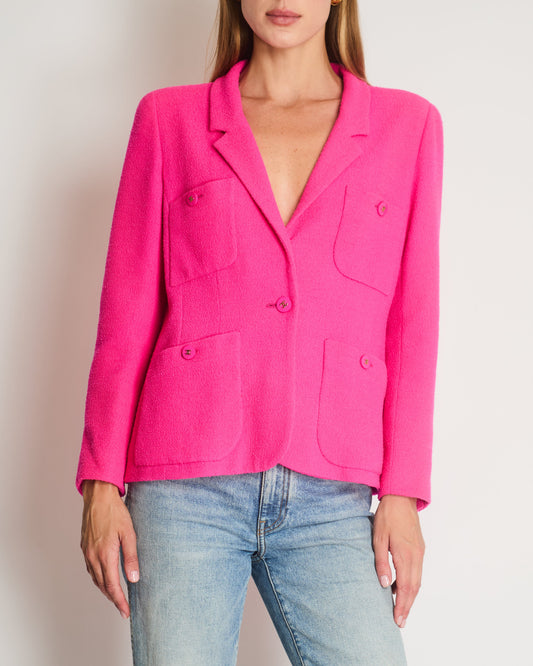 Chanel Hot Pink Spring 1995 Barbie Collection Tweed Jacket with Gold CC Logo Buttons Size FR 38/40( UK 10/12)