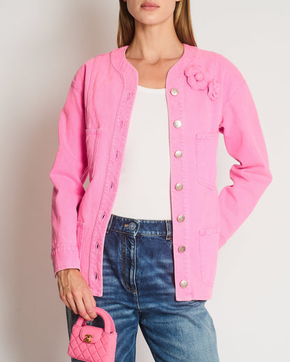 *HOT* Chanel 21S Hot Pink Denim Jacket with Detachable Camelia Pin Detail Size FR 34 (UK 6)