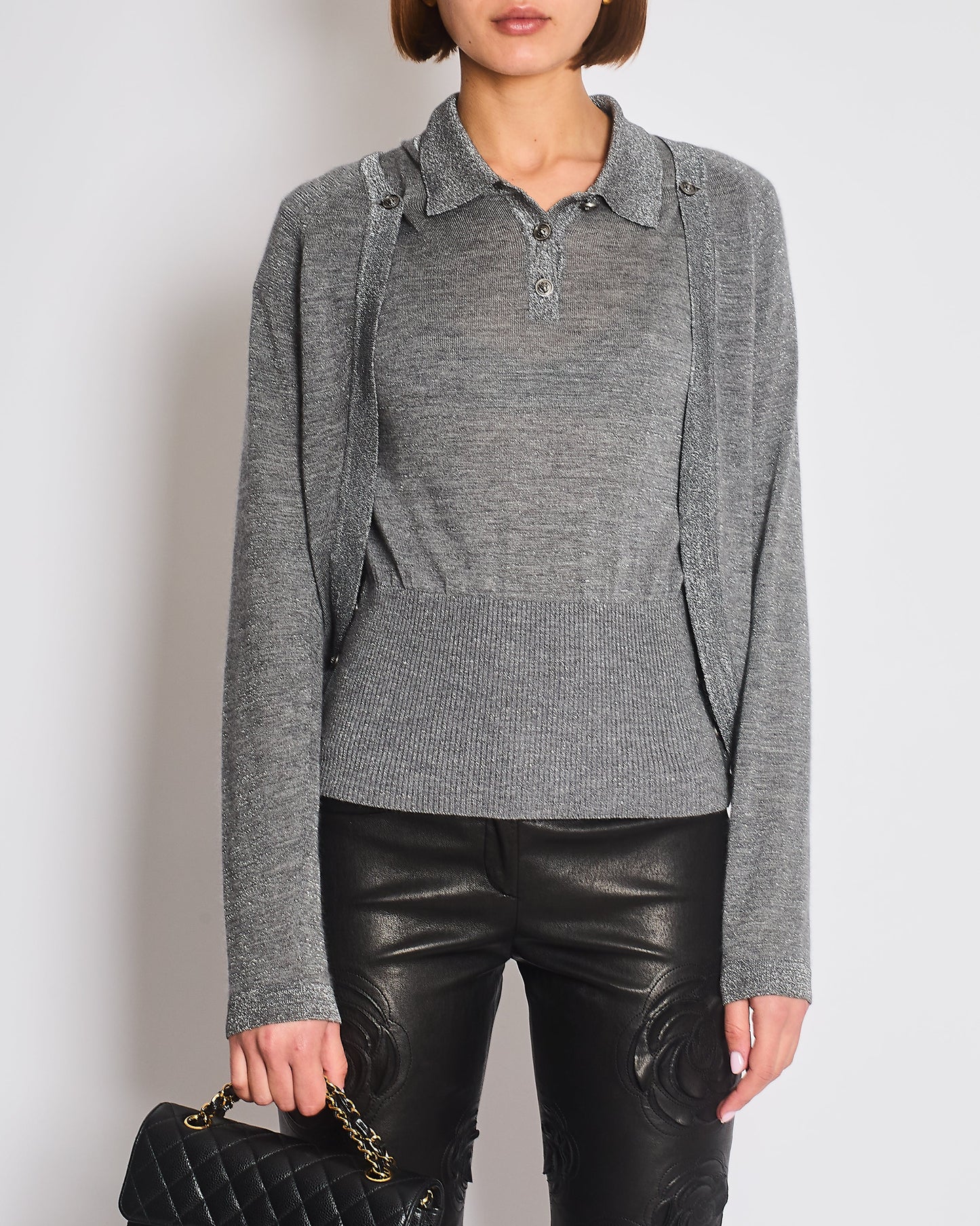 Chanel 08A Grey Two Piece Cashmere Detachable Top and Cardigan Set with Silver Metallic Details Size FR 40 (UK 12)