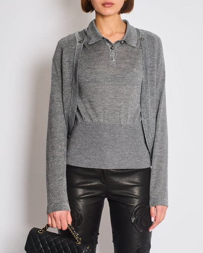Chanel 08A Grey Two Piece Cashmere Detachable Top and Cardigan Set with Silver Metallic Details Size FR 40 (UK 12)