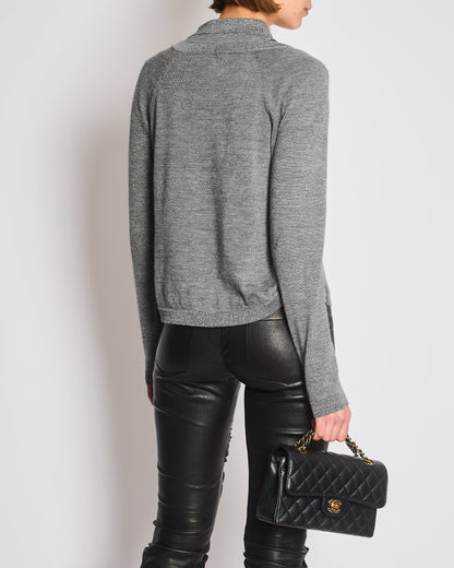 Chanel 08A Grey Two Piece Cashmere Detachable Top and Cardigan Set with Silver Metallic Details Size FR 40 (UK 12)