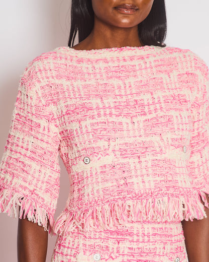 Chanel Pink Tweed Two-Piece Skirt and Top Set with Frayed Detail and CC Button Detail Size FR 36 (UK 8)