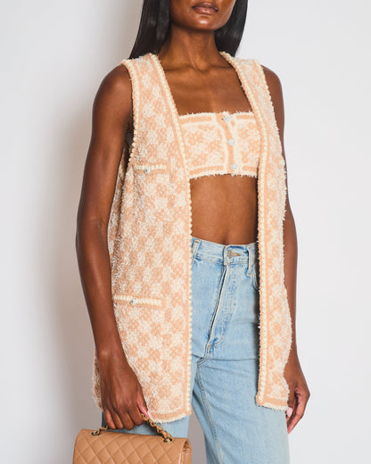 Chanel 23/S Dusty Pink & Ecru Tweed Gilet & Bralette Top with Crystal CC Buttons Detail Size FR 36 (UK 8)