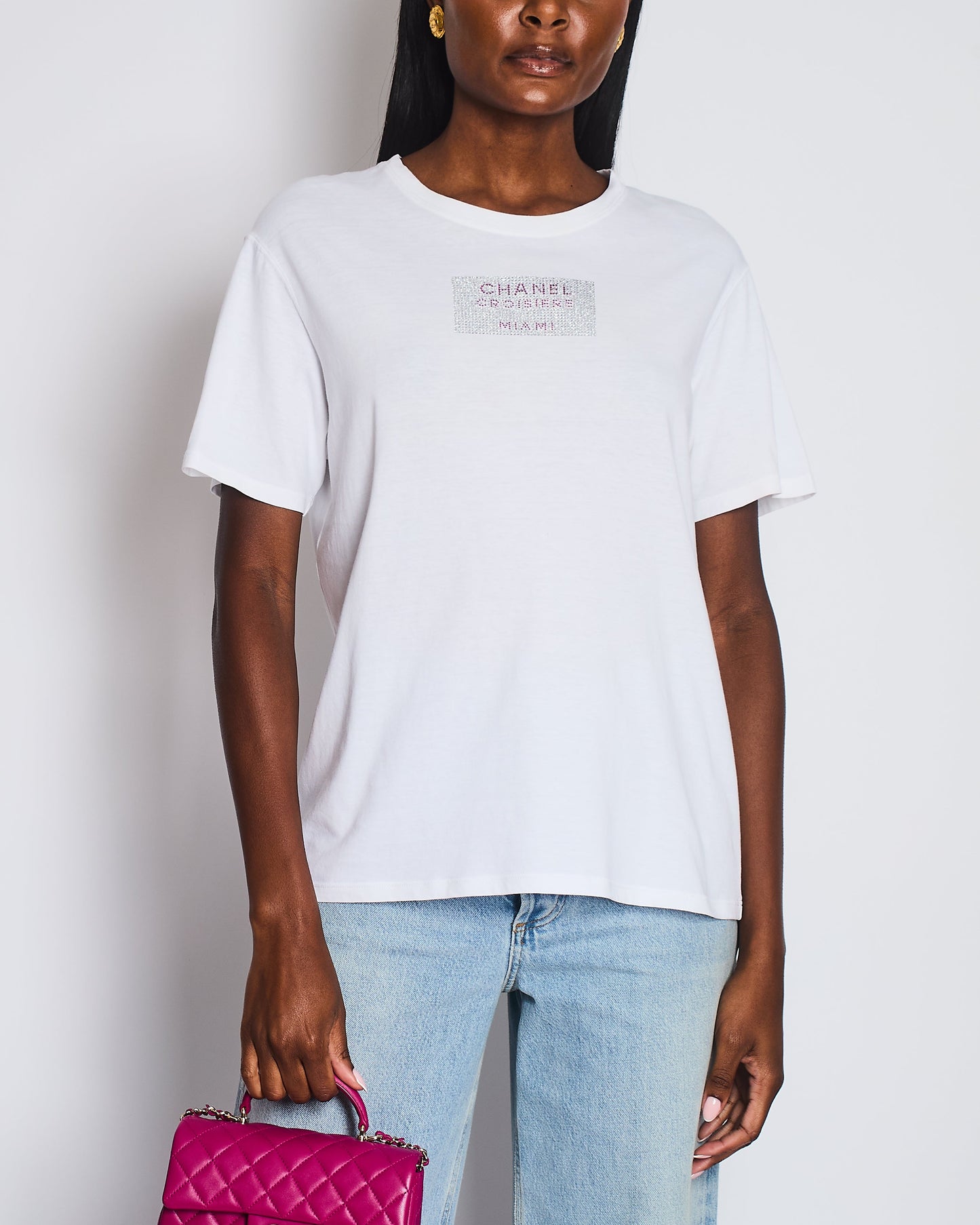 Chanel White T-shirt Rhinestones Detail “Croisiere Miami” Size M (UK 10)