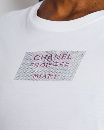 Chanel White T-shirt Rhinestones Detail “Croisiere Miami” Size M (UK 10)