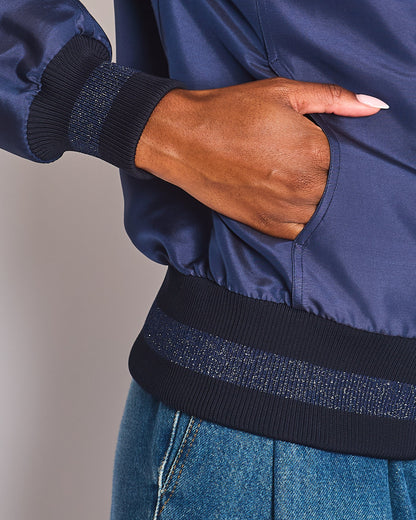 Chanel 17/A Navy Satin Bomber Jacket with Glitter Trim and CC Button Detail Size FR 34 (UK 6)