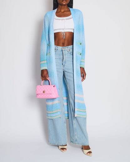 Chanel 23S Blue Knitted Long-Line Striped Cardigan with CC Button Detail Size Fr 34 (UK 6)