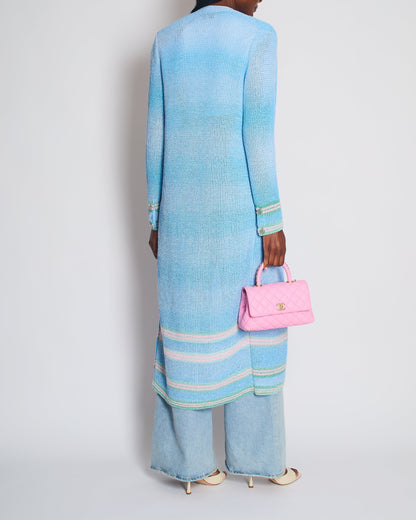 Chanel 23S Blue Knitted Long-Line Striped Cardigan with CC Button Detail Size Fr 34 (UK 6)