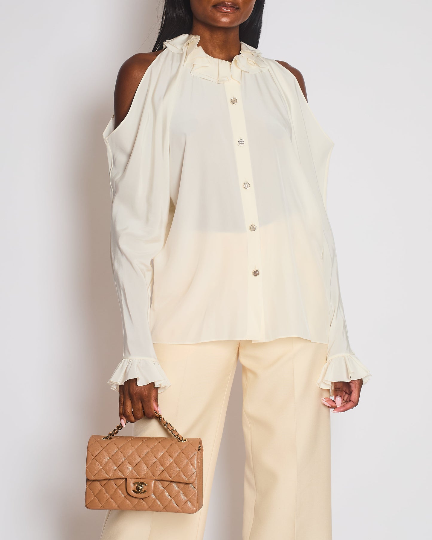 Chanel Cream Button Down Blouse with Cut Out Shoulder Detail Size FR 38 (UK 10)