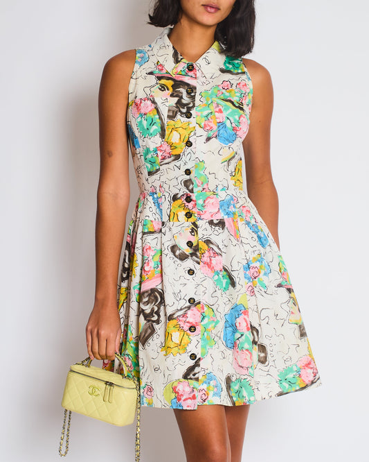 Chanel Spring 1995 White Floral Printed Sleeveless Button-Down Mini Dress with CC Logo Buttons and Collared Neckline Detail Size FR 38 (UK 10)