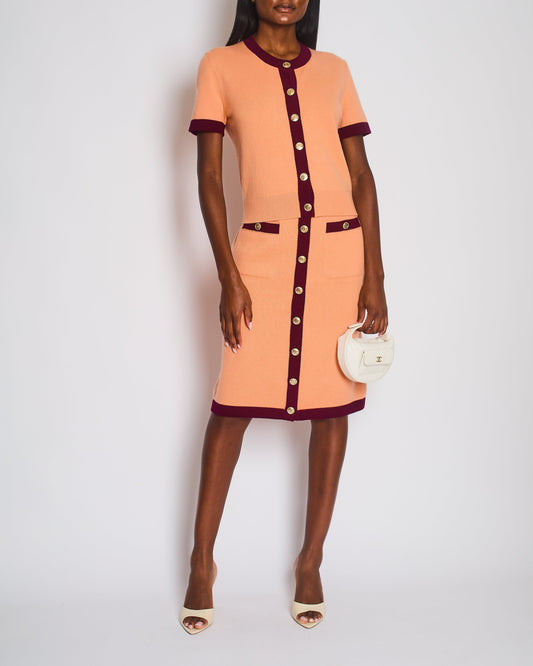 Chanel Peach Short Sleeve Knitted Button Down Cardigan with CC Button Detail Size FR 38 (UK 10)