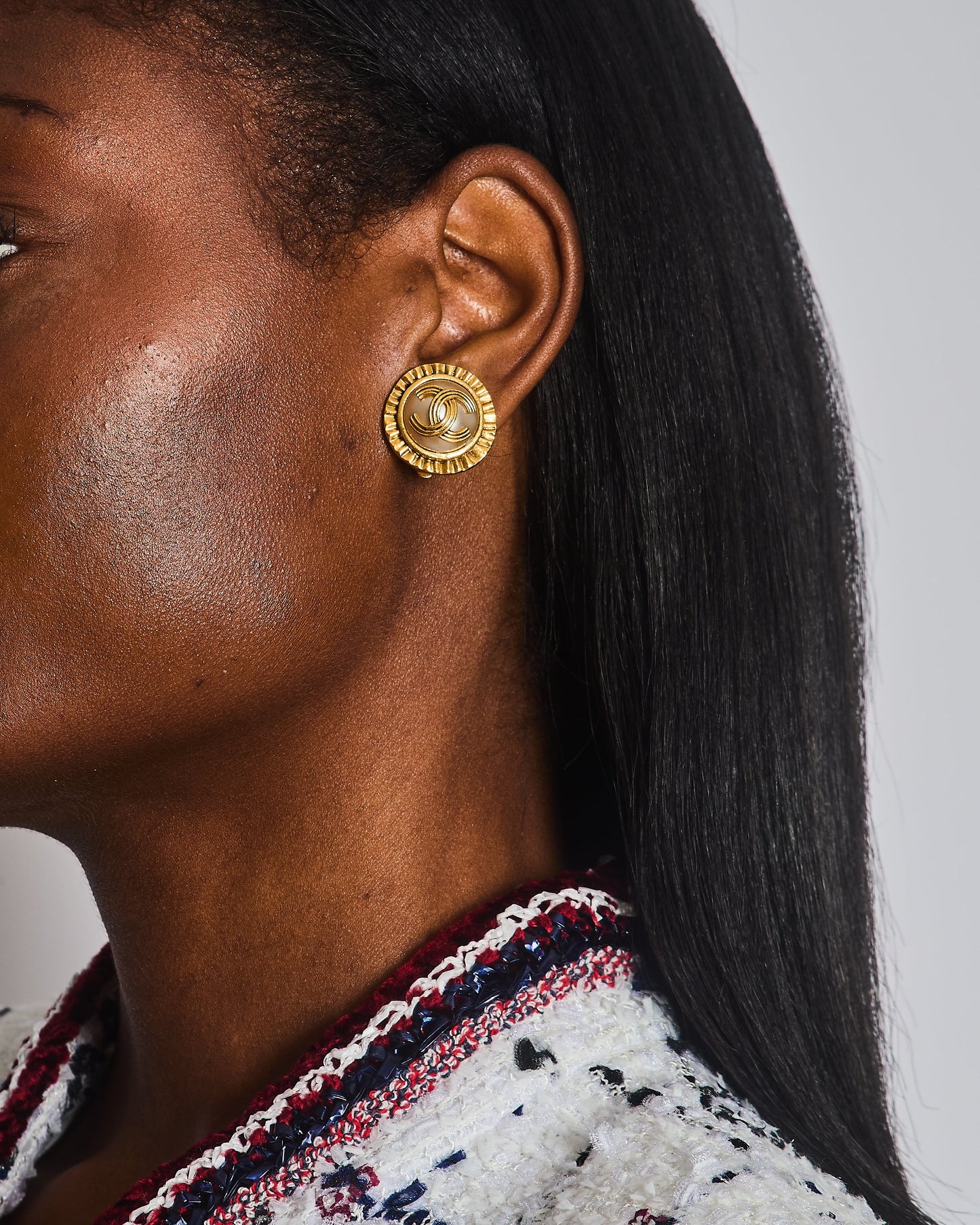 Chanel Vintage 94A Mother of Pearl and Gold Clip on Earrings with Rouched Border Detail and CC Logo