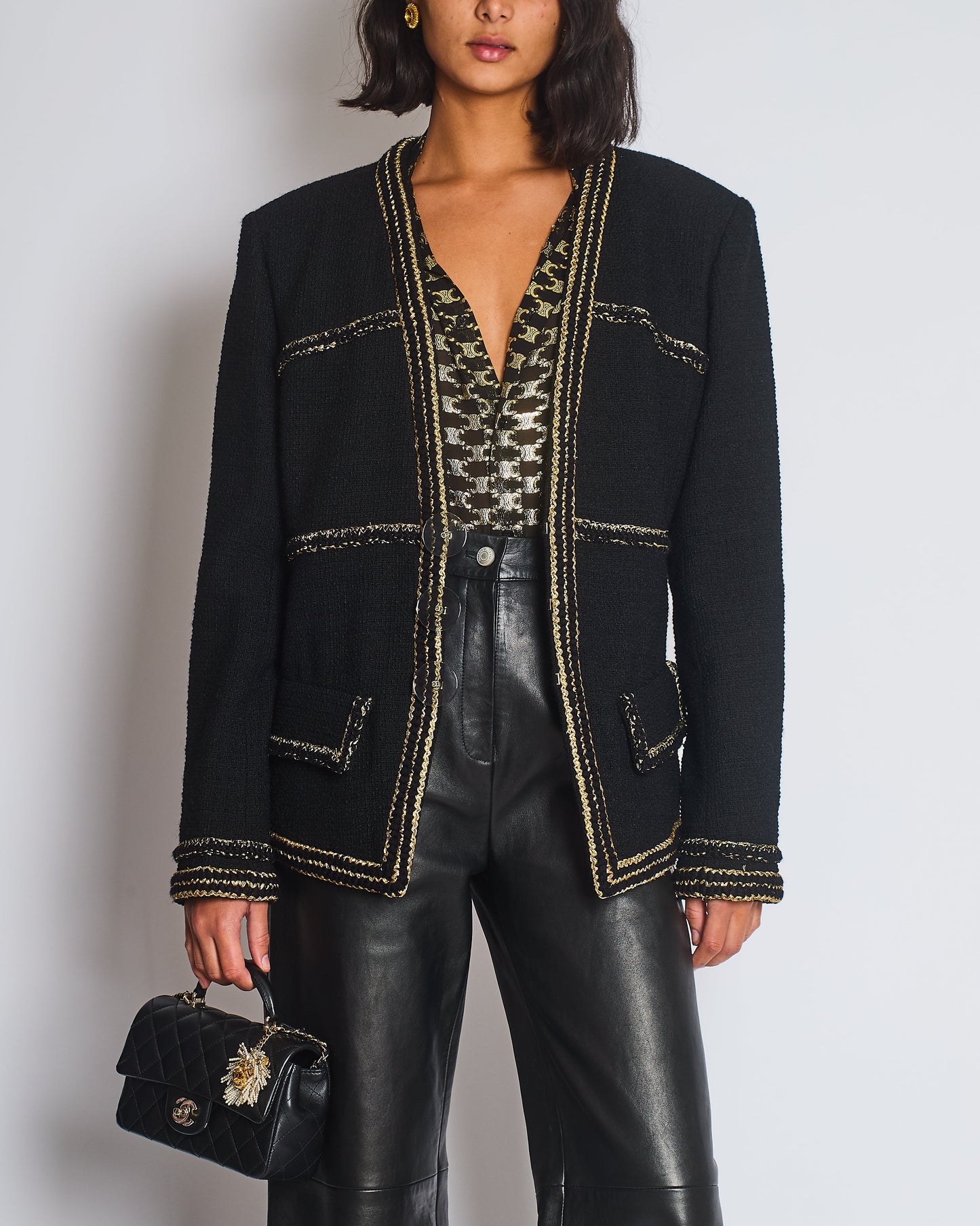 Chanel Metiers D'Art 17A Paris-Ritz Cosmopolitan Black Tweed Jacket with Gold Trim & Smokey Transparent Button Details Size FR 50 (UK 20) RRP £7450