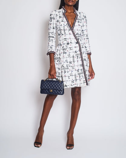 *RUNWAY* Chanel 20S White, Blue & Red Tweed Long Sleeve Midi Dress with Black Embellished Buttons and Logo Details FR 36 (UK 8)
