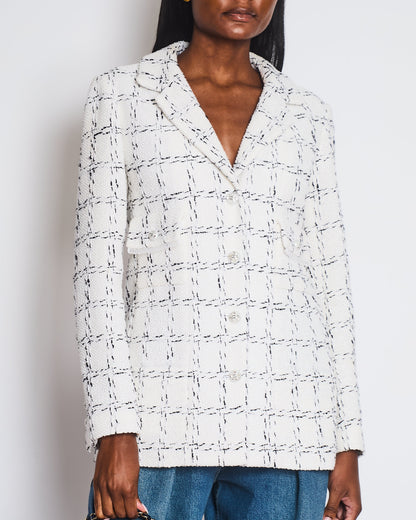 Chanel 23/S Black and White Plaid Tweed Long Line Button Down Jacket with Pocket Detail Size FR 38 (UK 10)