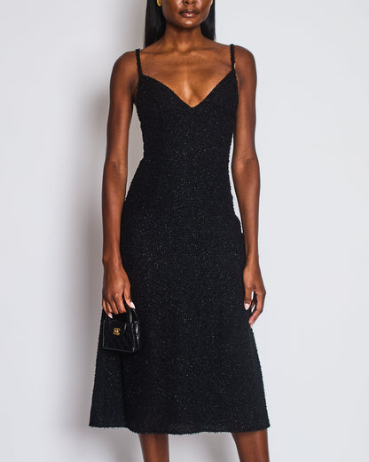 Chanel Black Metallic Tweed Straight Midi Dress with Pocket Detail and CC Crystal Clip Size FR 34 (UK 6)
