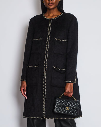 *HOT* Chanel 19A Black Llama & Wool Coat with Gold Chain Trim and CC Buttons Size FR 44 (UK 12) RRP £6,730