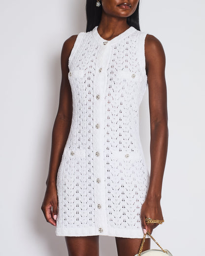 Chanel 24P White Knit Button Down Mini Dress with Pocket and CC Buttons Size FR 34 (UK 6)