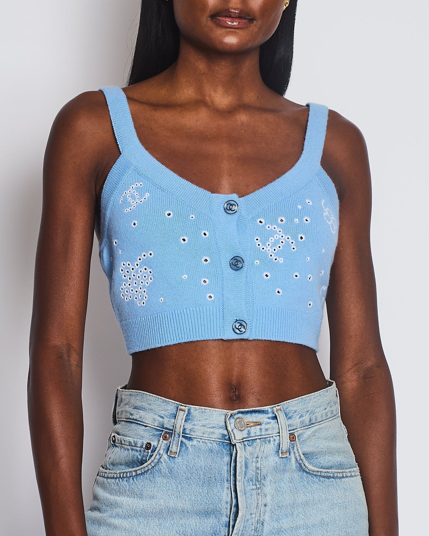 Chanel S/S 2023 Sky Blue Knitted Cropped Top with CC Logo & Shamrock Embroidery Details Size FR 38 (UK 10)